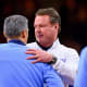 Apr 2, 2022; New Orleans, LA, USA; Kansas Jayhawks head coach Bill Self hugs Villanova Wildcats head coach Jay Wright after the game during the 2022 NCAA men's basketball tournament Final Four semifinals at Caesars Superdome. Bob Donnan-USA TODAY Sports